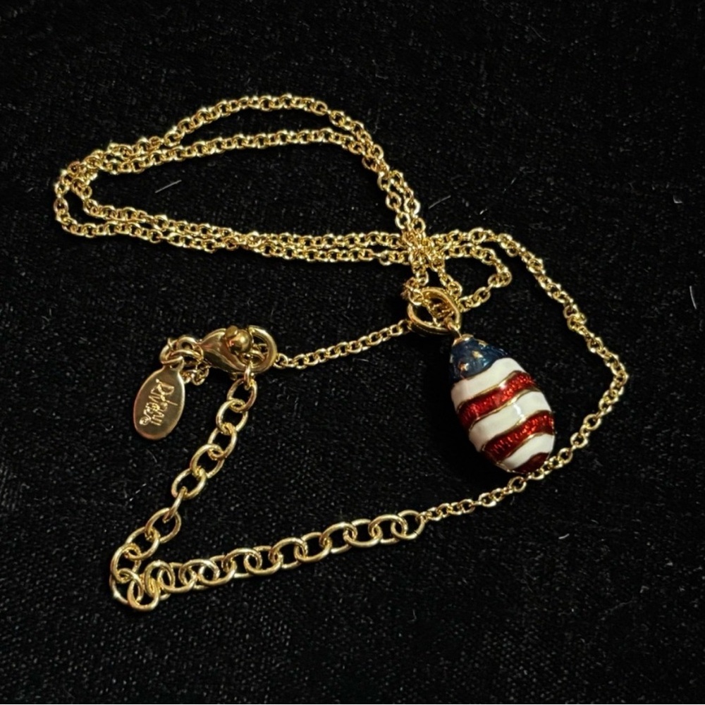 Vintage Joan Rivers Gold Chain Necklace with Red, White, and Blue Egg Pendant